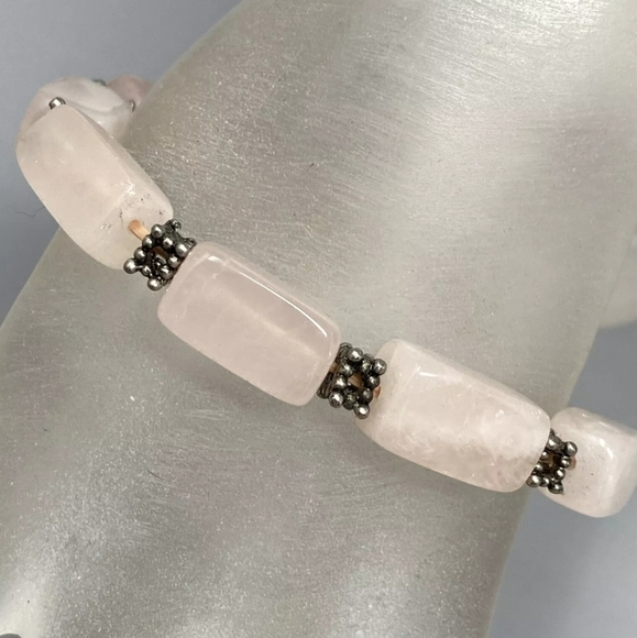 Vintage Chunky Rose Quartz Bracelet Pink Gemstone Rectangle Beads Stretch  7" - Picture 3 of 4